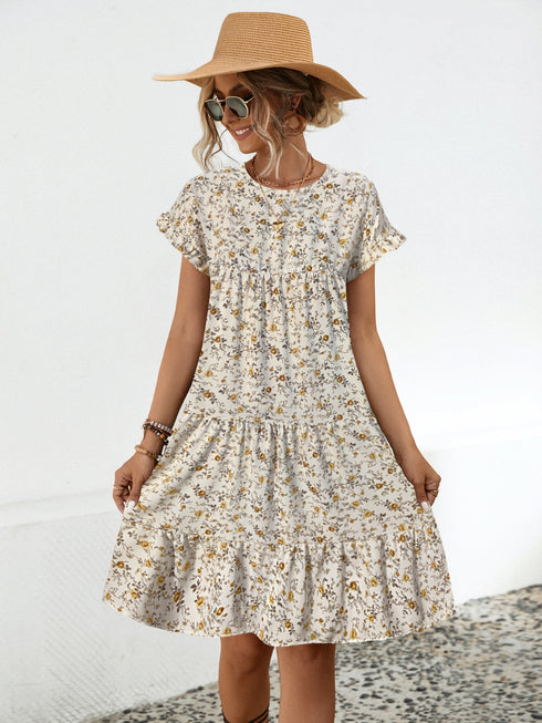 Frill Floral Round Neck Short Sleeve Tiered Dress - Odaingerous